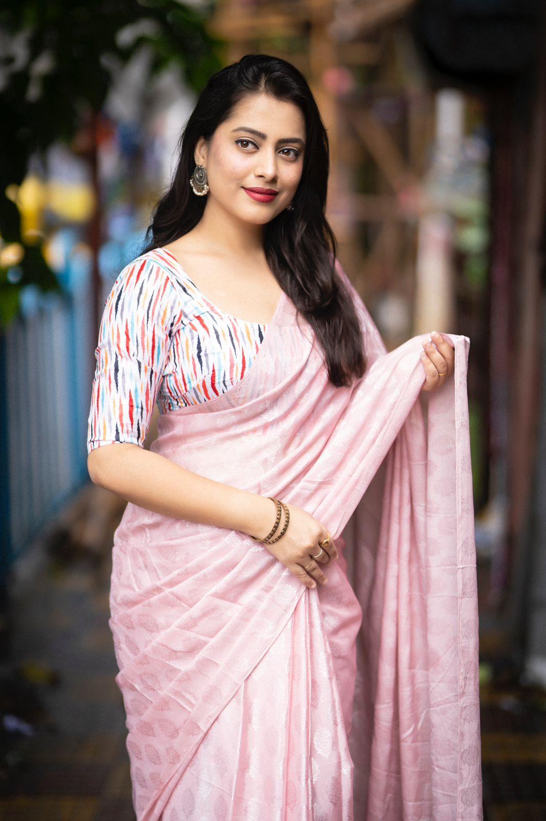 Pink Poly Crepe Ethnic Motifs Saree with Unstitched Blouse - Hiral Fashion | Swadesiicart