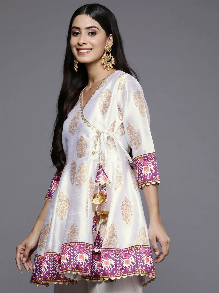 Ahalyaa Women White & Golden Ethnic Printed Tunic | Swadesiicart