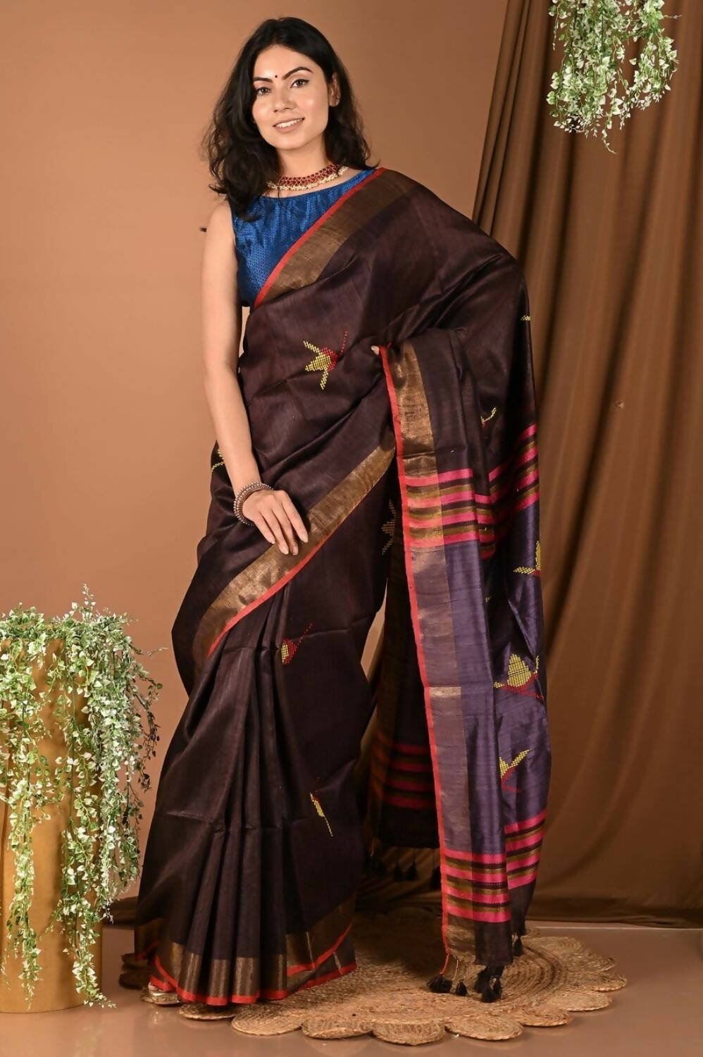 Very Much Indian Handloom Pure Dupion Silk Saree With Sleek Golden Border - Brown | Swadesiicart