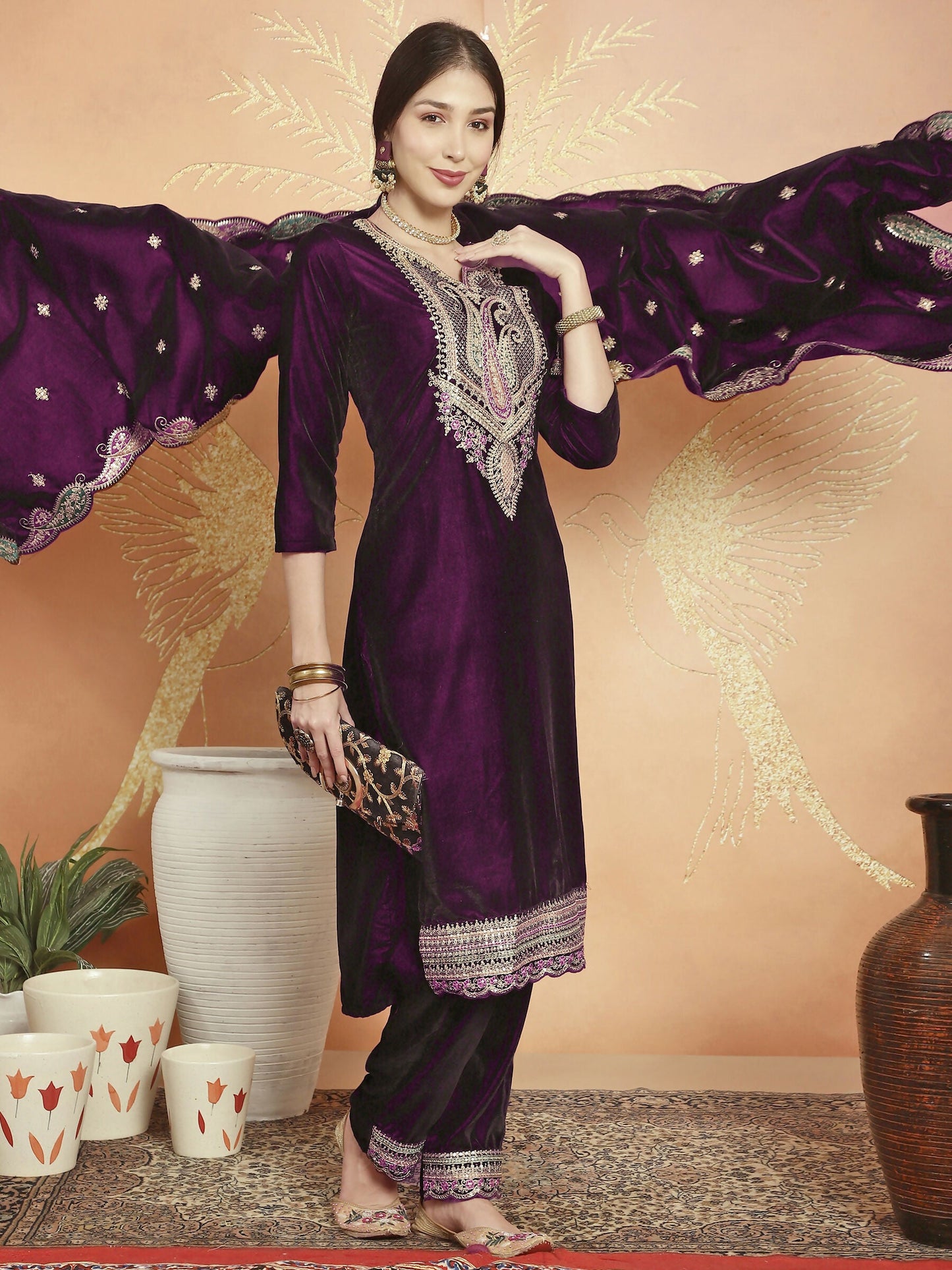Jyoti Fashion Women's Wine Velvet Cording with Resham Thread & Sequin Kurta with Trouser & Dupatta | Swadesiicart