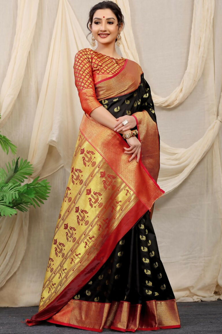 Jyoti Fashion Women's Black Banarasi Silk Zari Woven Saree with Blouse | Swadesiicart