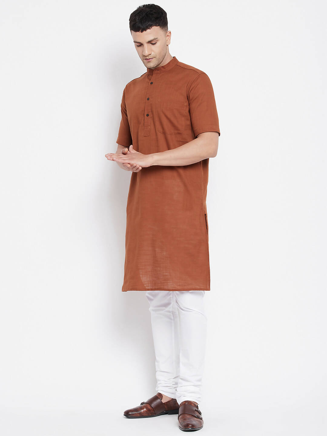 Even Apparels Brown Pure Cotton Men's H/S Kurta With Band Collar | Swadesiicart