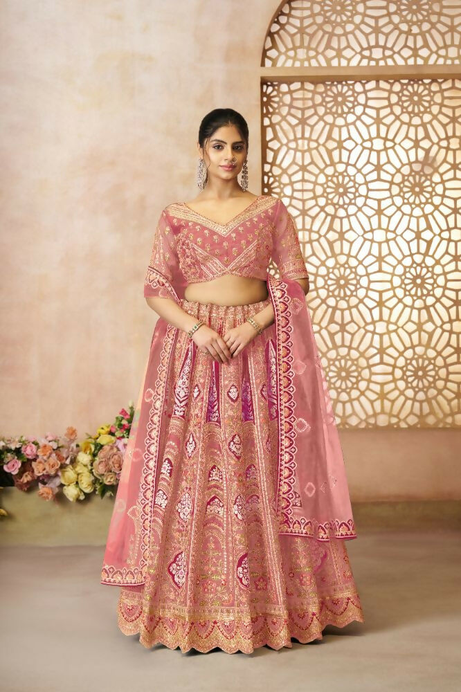 Kesar Fab Pink Banarasi Silk Embroidered Lehenga | Swadesiicart