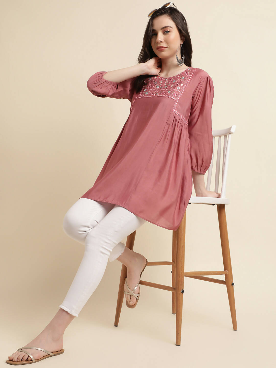 Pink Chinon Yoke Embroidered A-line Top - Tarini - Swadesiicart
