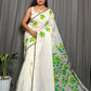 Exclusive Collection Beautiful White Light Green Pure Cotton Hand Print Handloom Saree With Running Blouse Piece - Swadesiicart