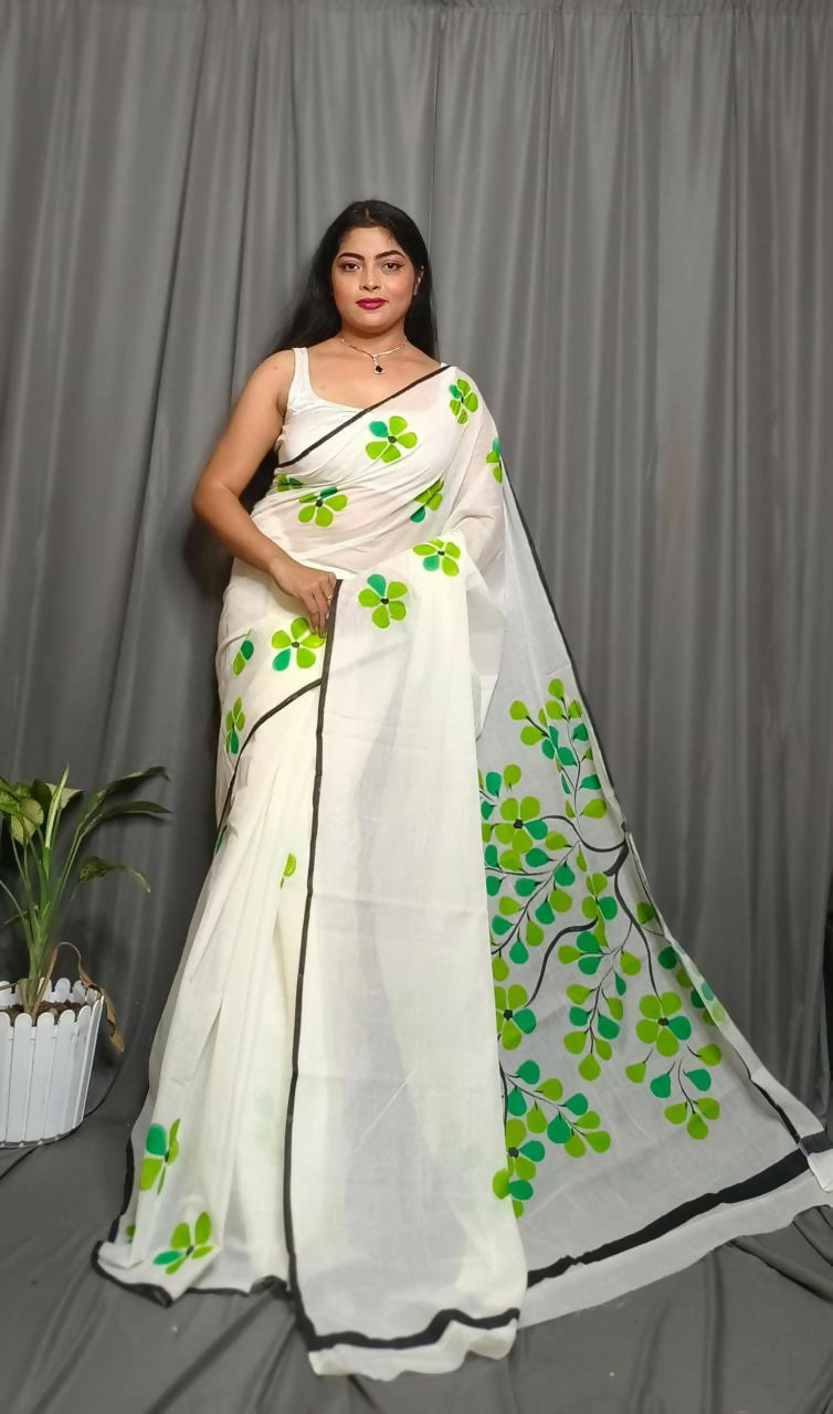 Exclusive Collection Beautiful White Light Green Pure Cotton Hand Print Handloom Saree With Running Blouse Piece - Swadesiicart