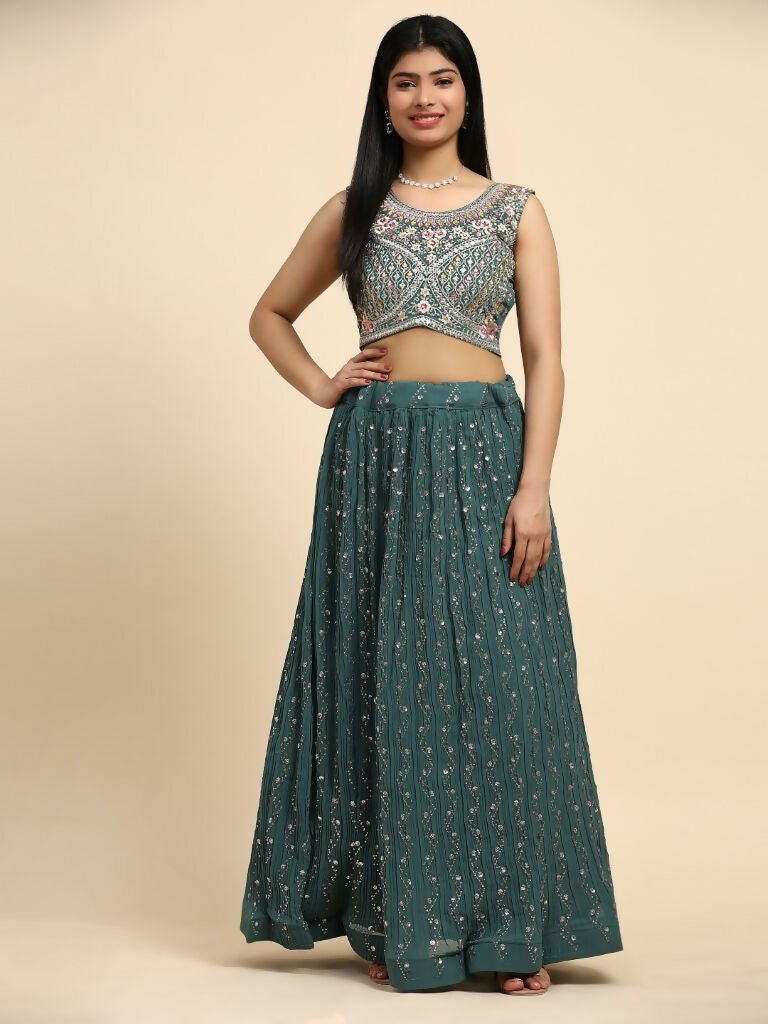 Green Georgette Embroidered Lehenga choli with Dupatta - Dhara | Swadesiicart