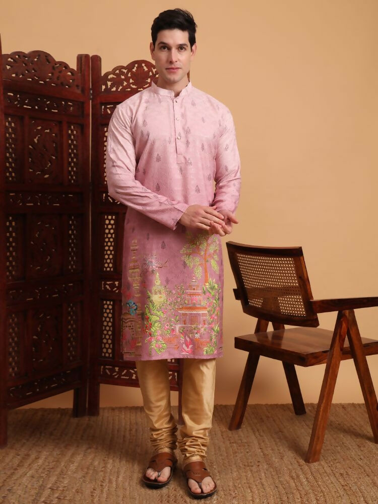Pink Cotton Printed Chikankari Embroidery Work Kurta - Mahotsav | Swadesiicart