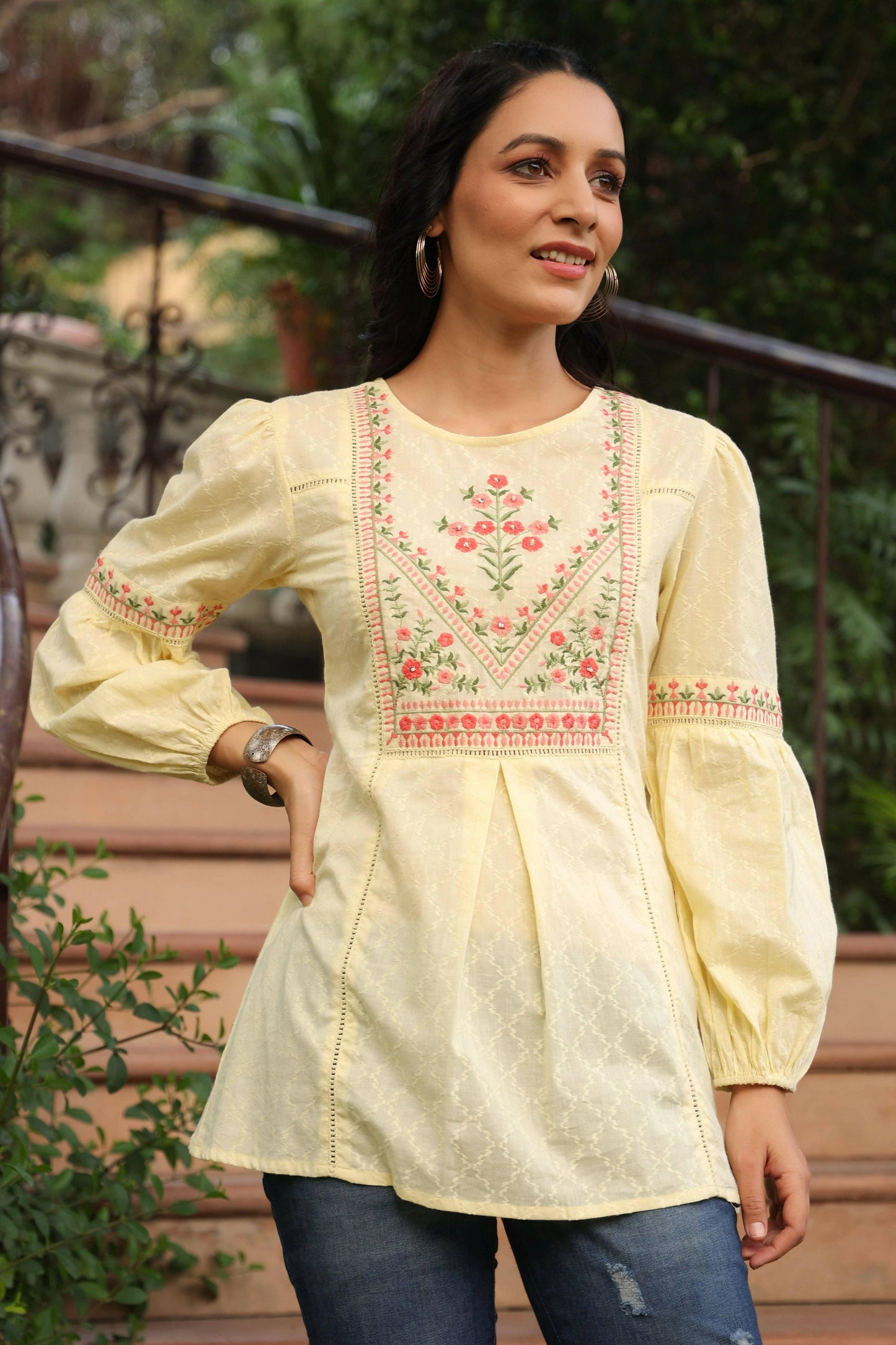 Juniper Women's Lemon Cotton Dobby Solid Embroidered Straight Tunic | Swadesiicart