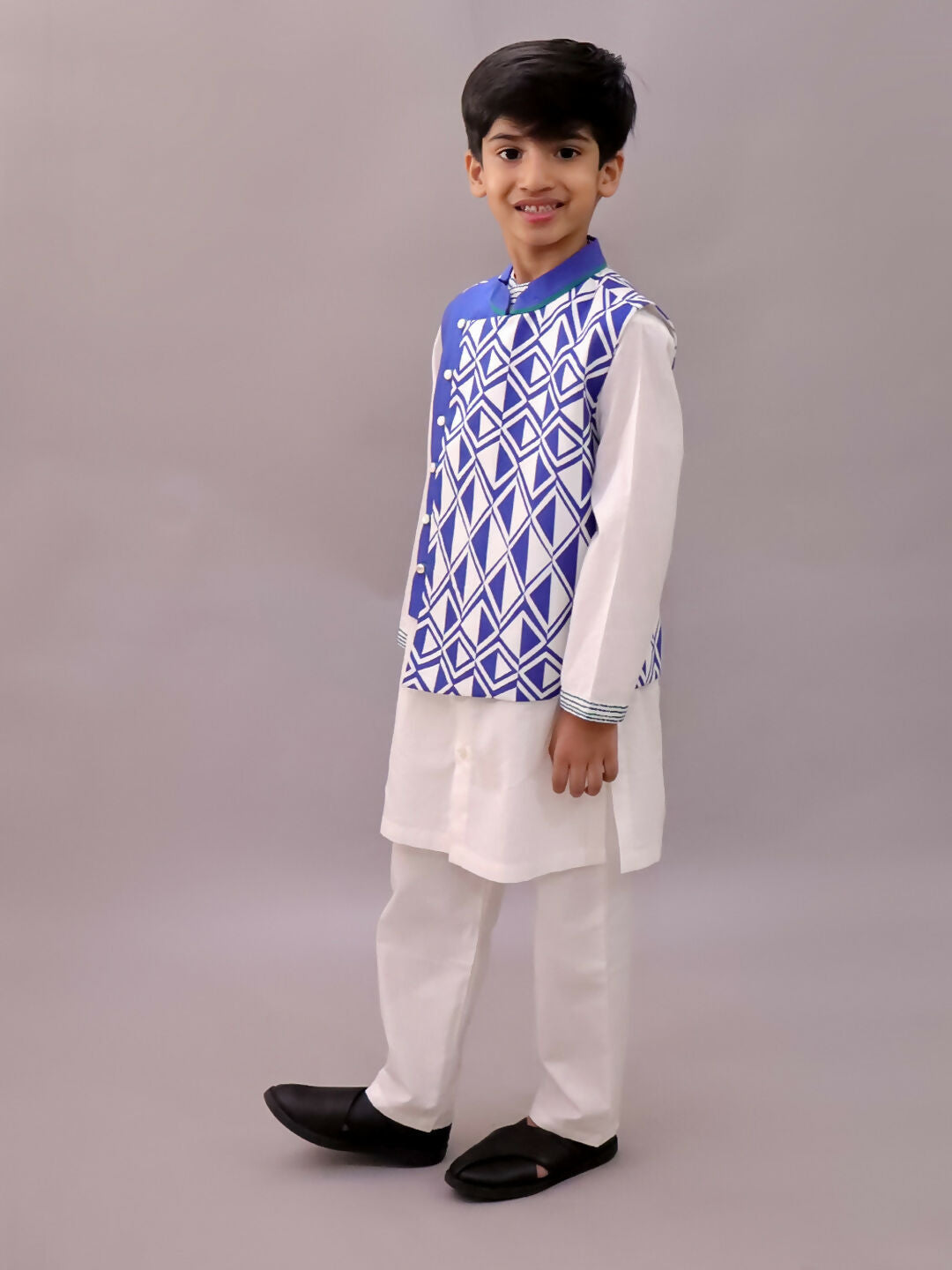 Lil Drama Shor-Gul White Kurta Pyjama with Blue Jacket Set For Boys | Swadesiicart