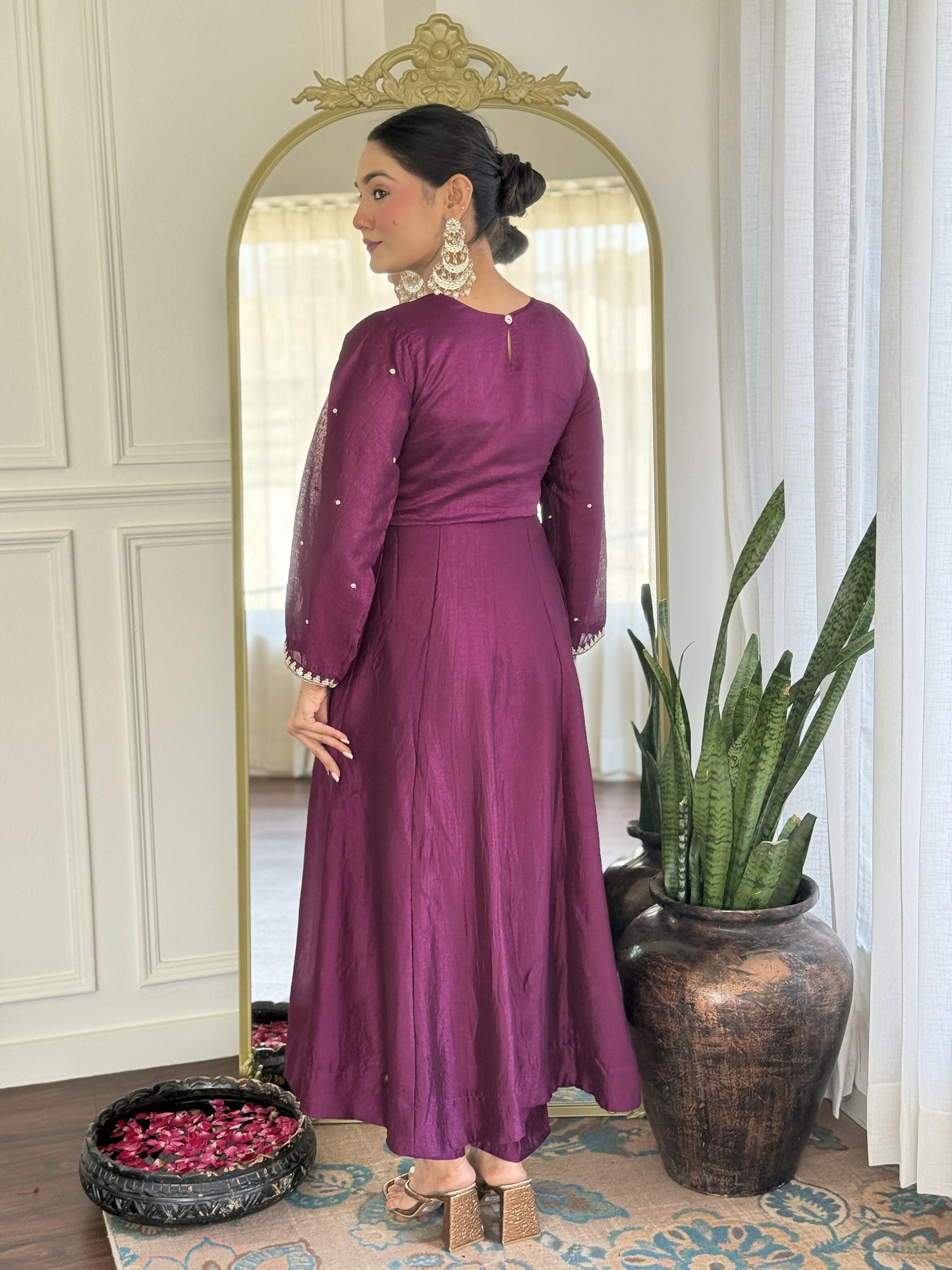 The52 Purple Women's Gorgeous Embroidered Vichitra Silk Fabric Flared Kurta Pant with Dupatta Set - Swadesiicart