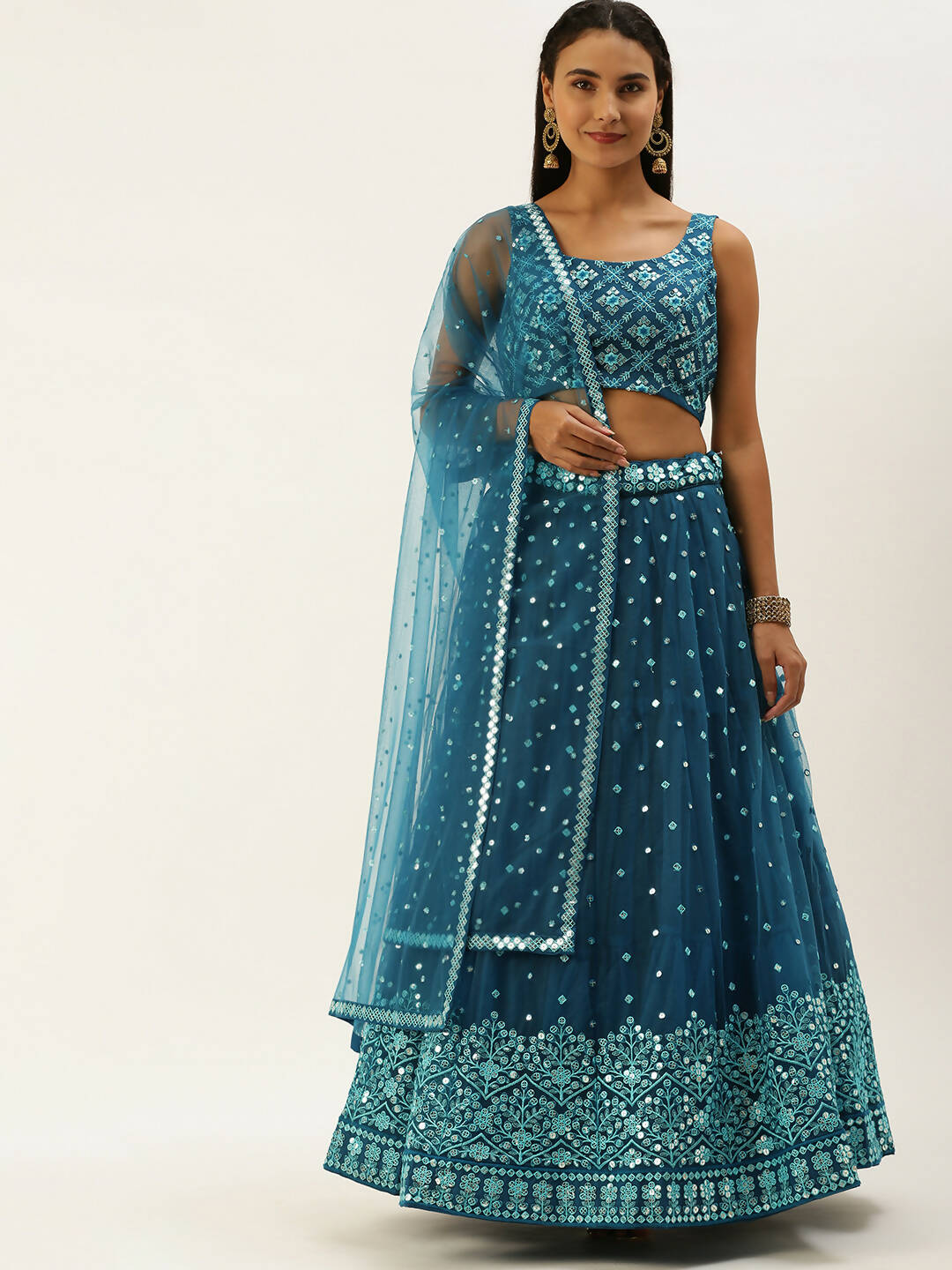 House of Panchhi Teal Net Sequinse Work Lehenga & Blouse, Dupatta | Swadesiicart