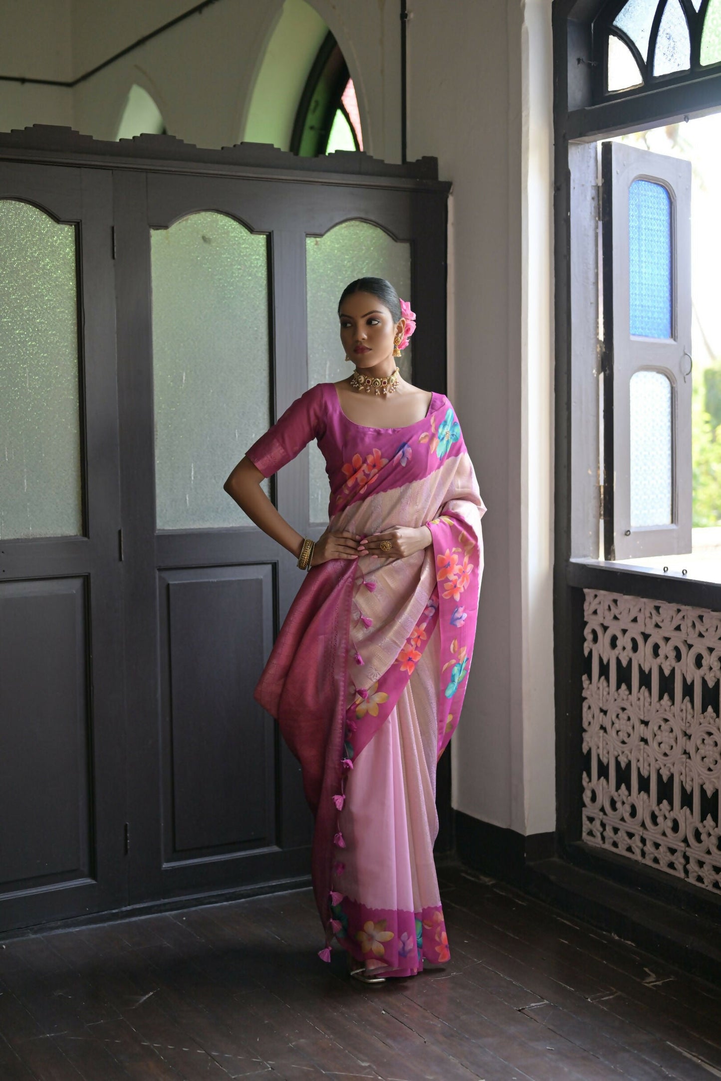 Vishnu Weaves Women's Wine banarasi Silk Saree with Blouse - Swadesiicart