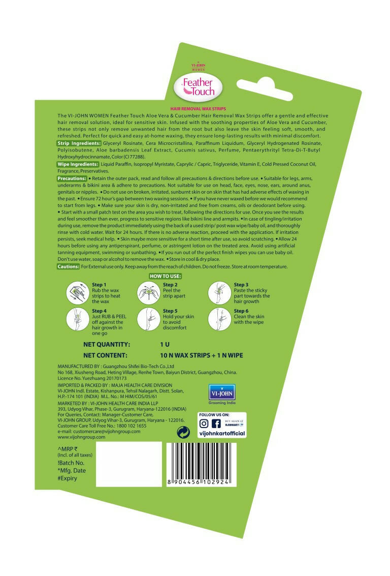 VI-JOHN Feather Touch Cucumber & Alevera Hair Removal Wax Strips for Dry Skin Praraben & Sulphate Free | Swadesiicart