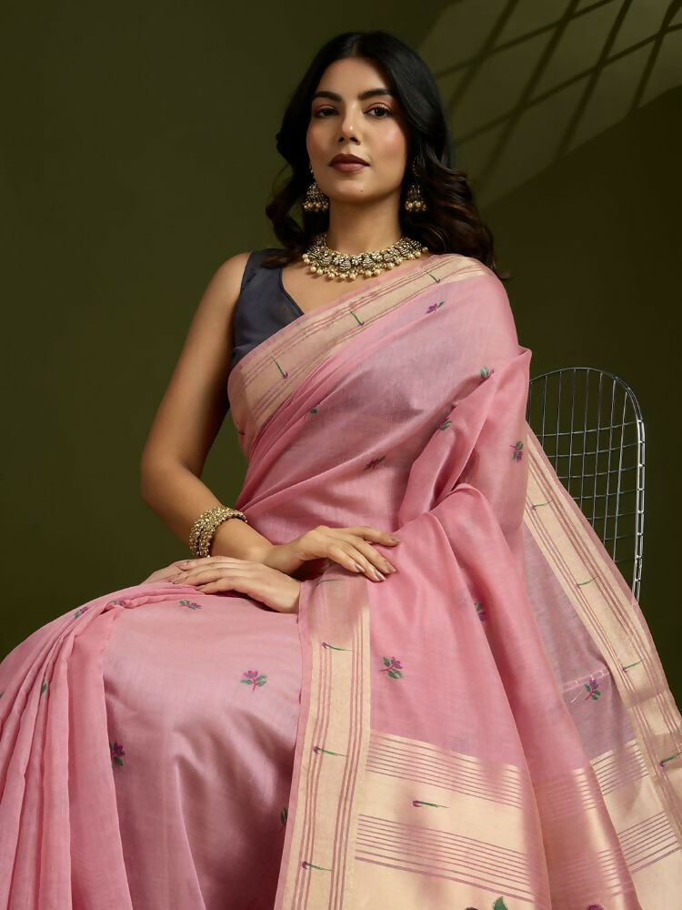 Vishnu Weaves Women's Pink Muga Cotton Thread Woven Butti with Blouse - Swadesiicart