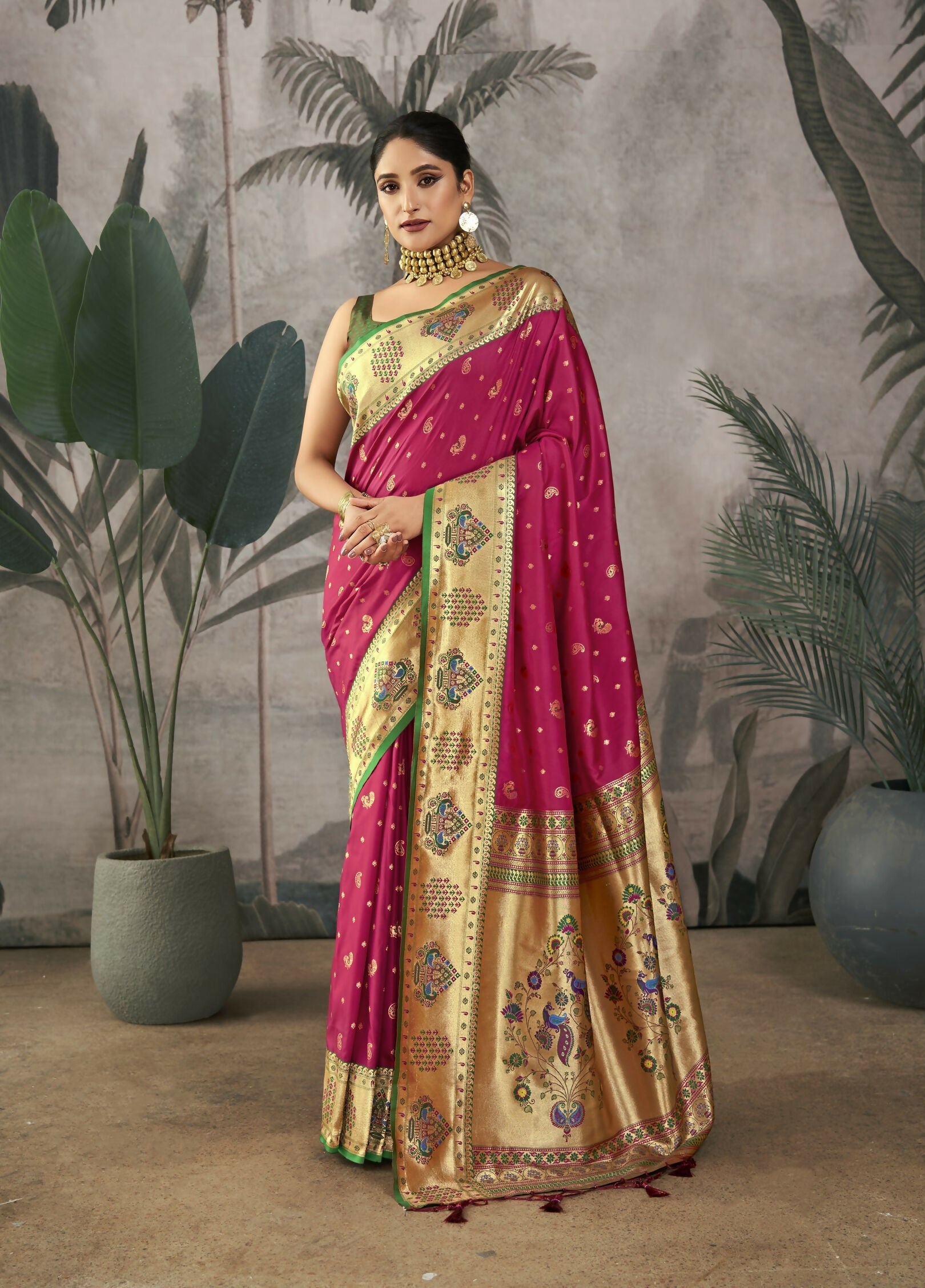 Vishnu Weaves Women's Wine Paithani Silk Saree with Blouse - Swadesiicart
