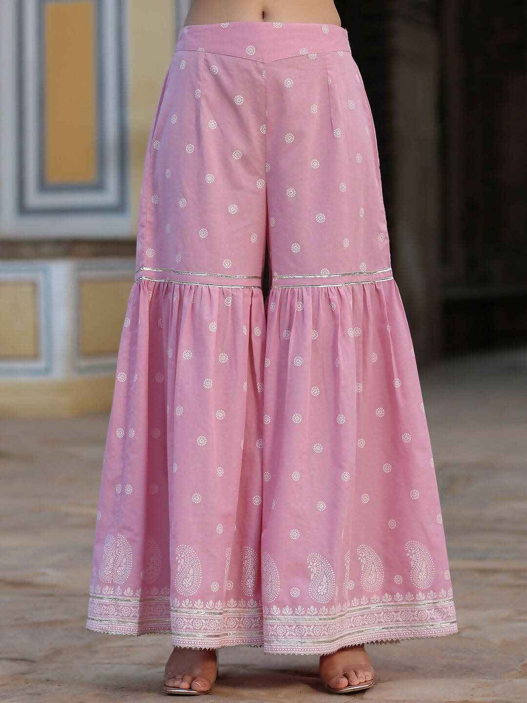 Juniper Women's Pink Cambric Floral Print Kurta Sharara Sets | Swadesiicart