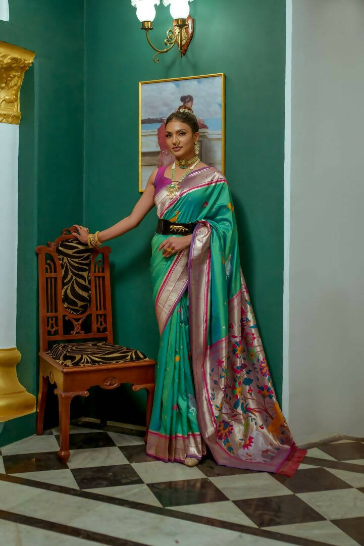 Vishnu Weaves Women's Sea Green Paithani Silk Zari Woven Saree with Unstitched Blouse - Swadesiicart
