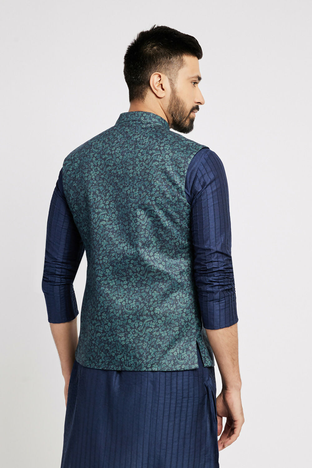 Ethnic India Navy Blue Bundi Men's Jacket Geometric Polyester | Swadesiicart