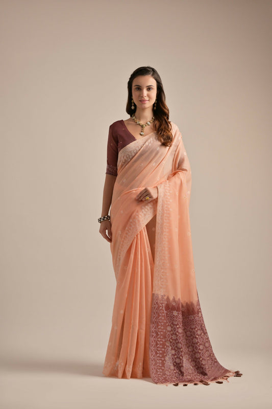 Vishnu Weaves Women's Peach Muga Cotton Woven Saree with Blouse - Swadesiicart