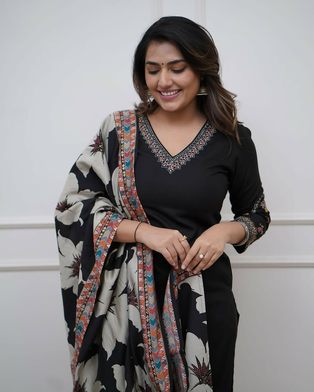 The52 Black Women's Beautiful Viscose Silk Fabric Embroidered Work Straight Kurta Pant and Dupatta Set - Swadesiicart