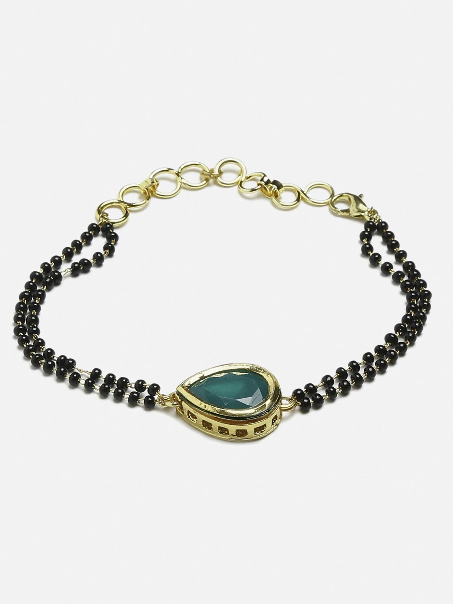 Women's Black Gold-Toned Gold-Polished Kundan Studded Charm Mangalsutra Bracelet - Ruby Raang - Swadesiicart