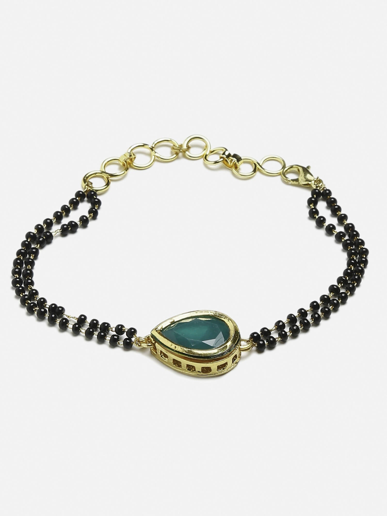 Women's Black Gold-Toned Gold-Polished Kundan Studded Charm Mangalsutra Bracelet - Ruby Raang - Swadesiicart
