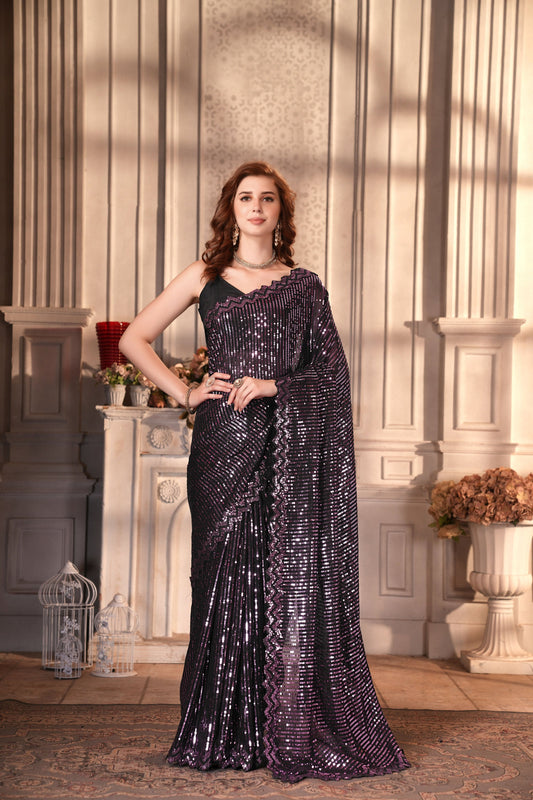 Dishitha Creation Indian Women's Designer Georgette Sequence Saree - Purple | Swadesiicart