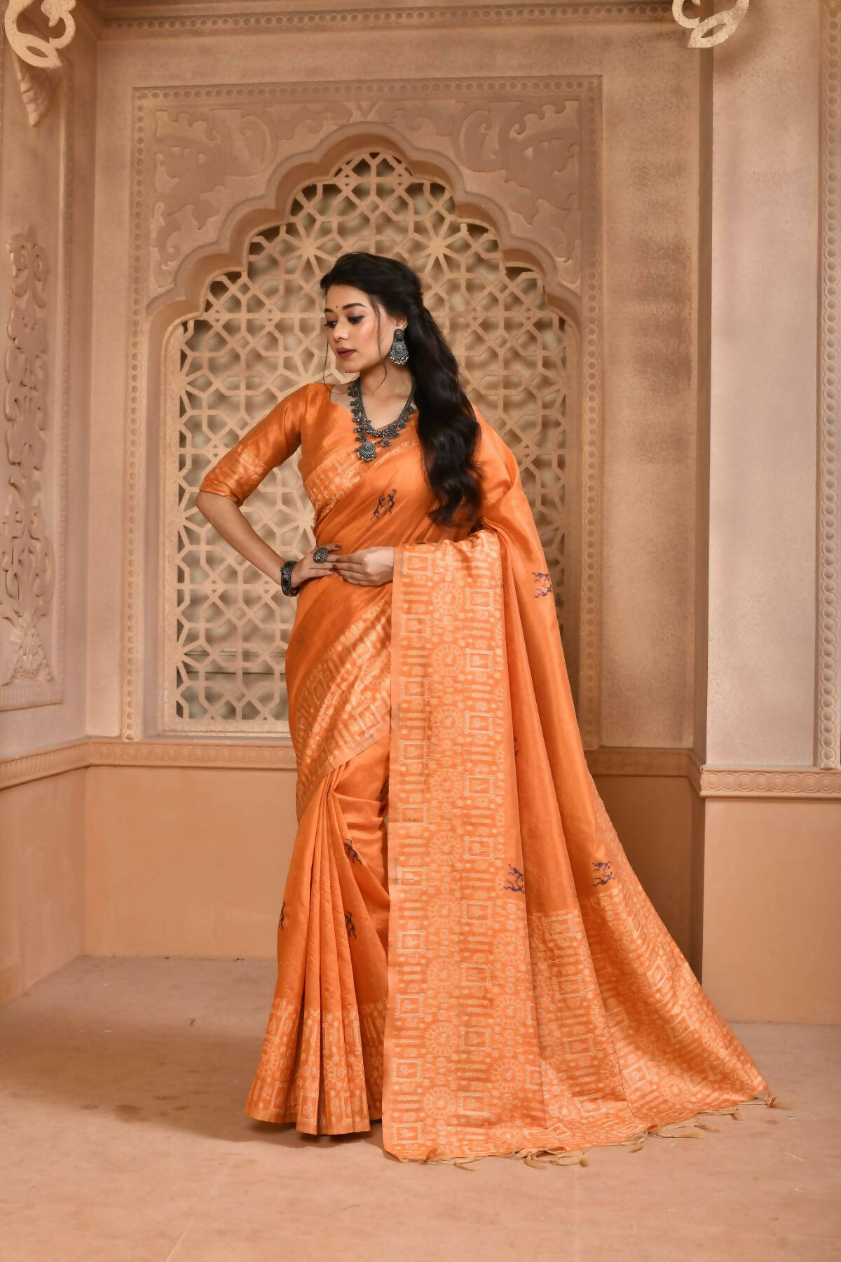 Vishnu Weaves Women's Orange Handloom Raw Silk Woven Border Saree with Unstitched Blouse - Swadesiicart