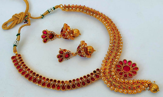 Pink Kemp Necklace With Jhumkas - Mokshi Collections