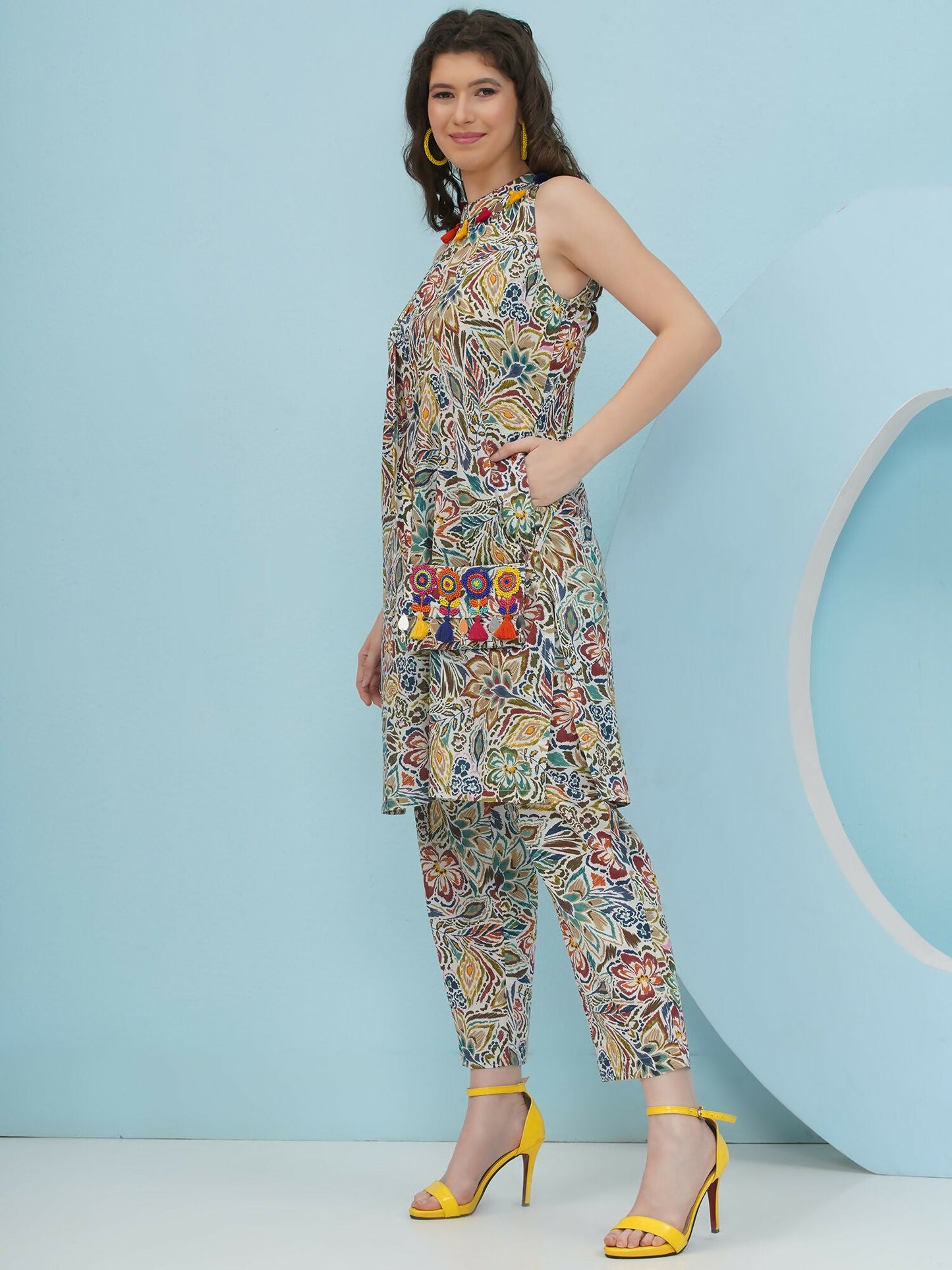 Joban Fashion Floral Co Ord Set With Embellished Sling Bag - Multi - Swadesiicart