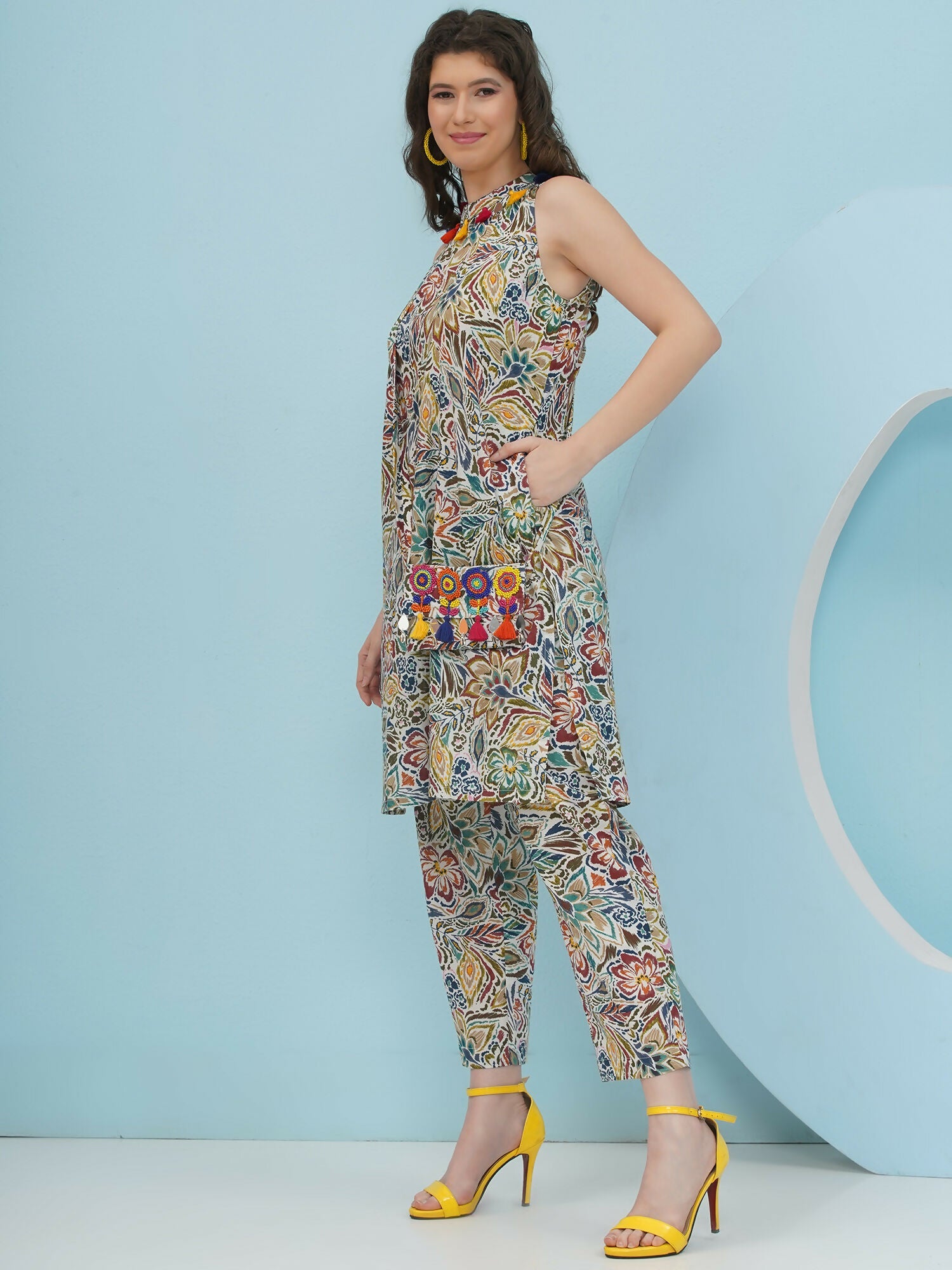 Joban Fashion Floral Co Ord Set With Embellished Sling Bag - Multi - Swadesiicart