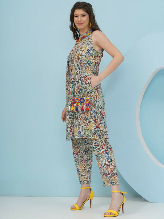 Joban Fashion Floral Co Ord Set With Embellished Sling Bag - Multi - Swadesiicart