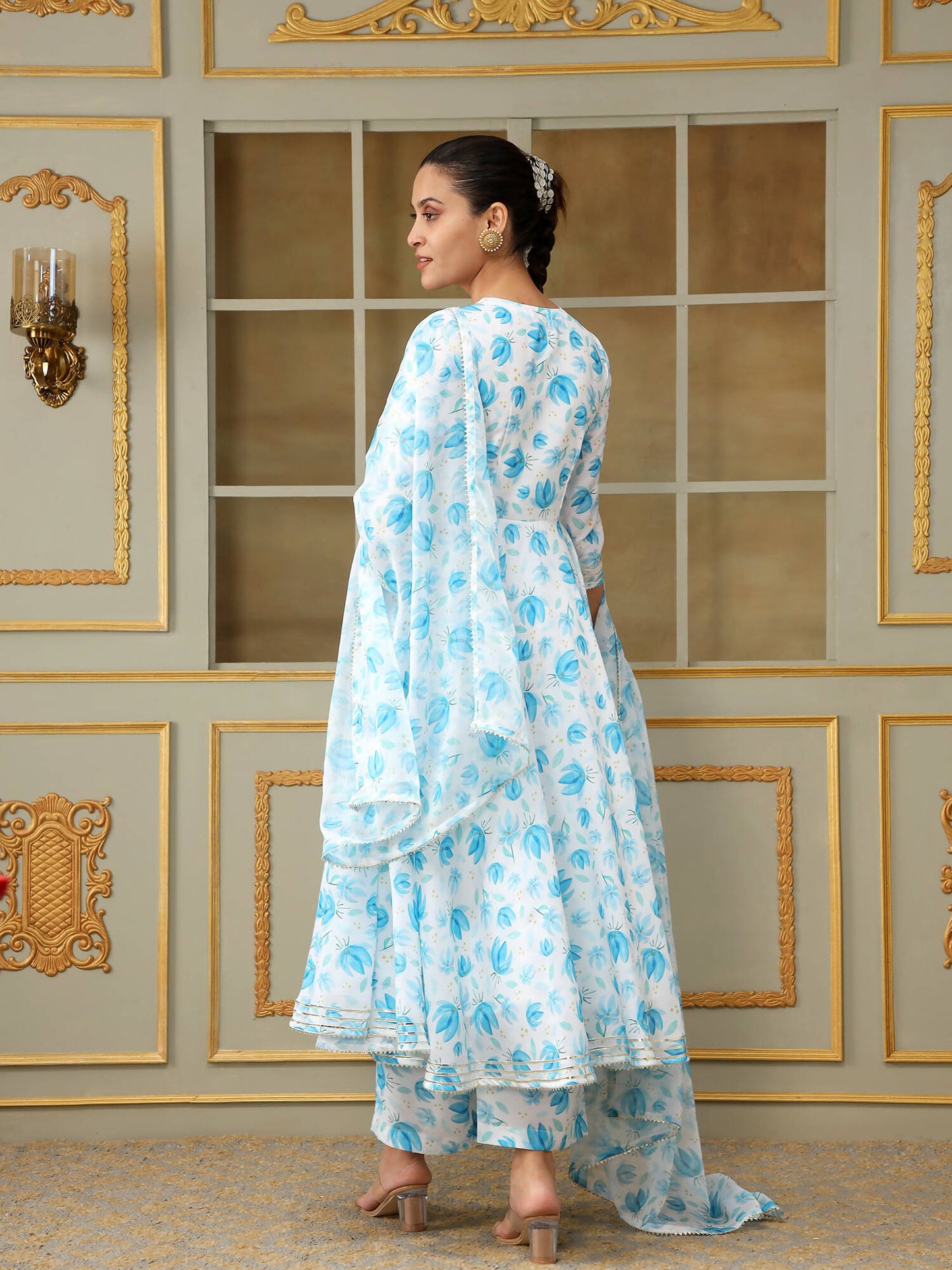 Pomcha Jaipur Blue Saadgi Blue Phool Anarkali Set | Swadesiicart