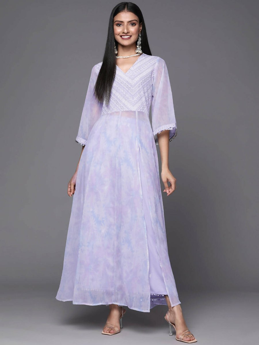 Ahalyaa Lavender & White Floral Printed High Slit Sequined Kurta with Palazzos | Swadesiicart