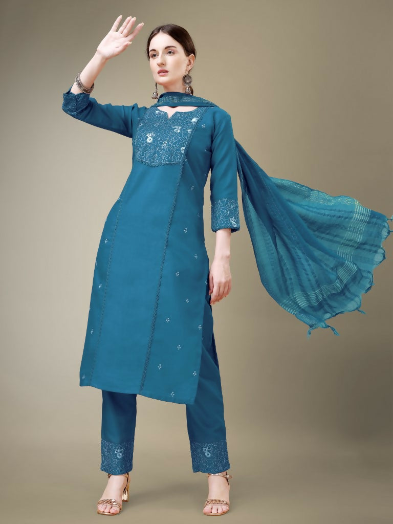 Jyoti Fashion Women's Morpich Cotton Blend Embroidery & Fancy Lace work Kurta with Trouser & Dupatta | Swadesiicart