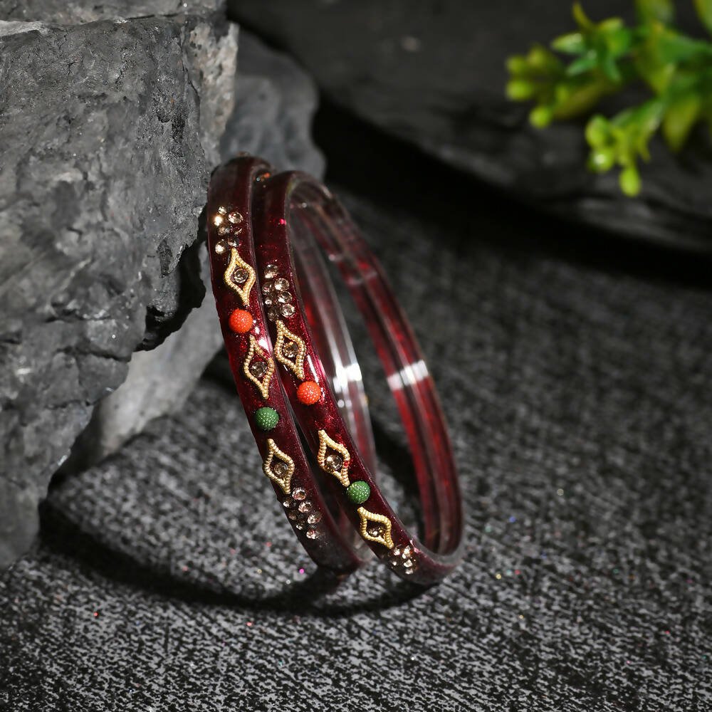 Afast Designer Fancy Party Bangle/ Kada Set, Maroon, Glass, Pack Of 8 - Swadesiicart