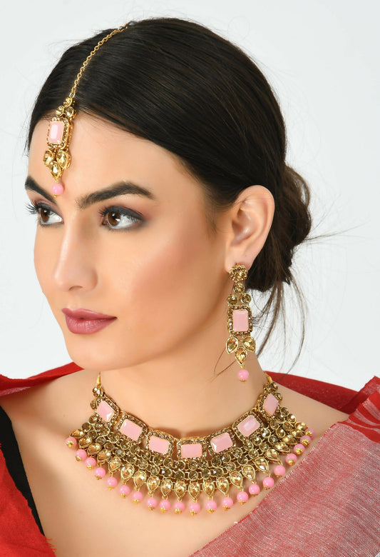 Mominos Fashion Johar Kamal Gold-Polished Brass Finish Kundan/Stone Choker For Women (Baby Pink) | Swadesiicart