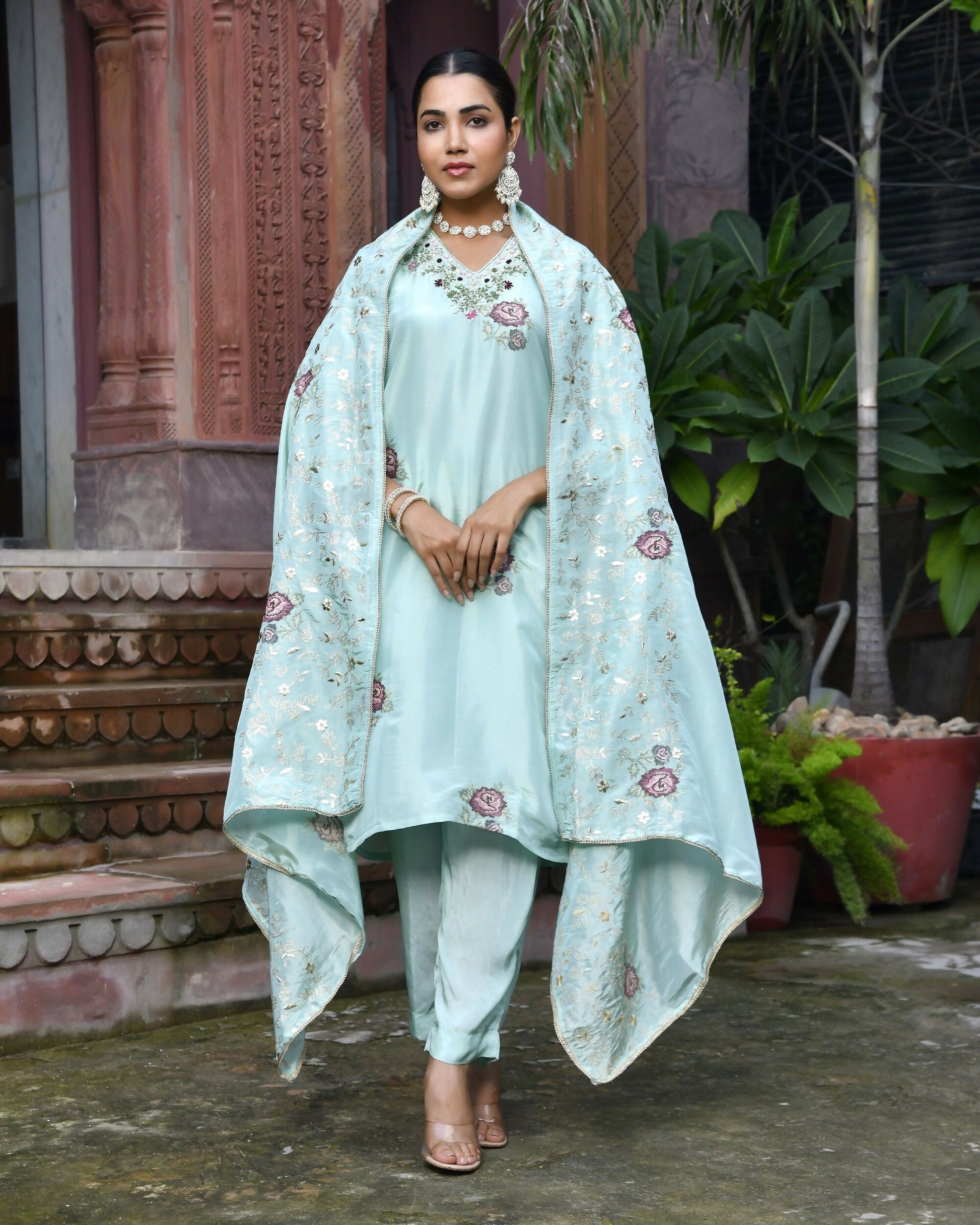 Vaasva Women's Tissue Silk Emboidered Suit Set With Solid Pant & Solid Embroidered Dupatta | Swadesiicart