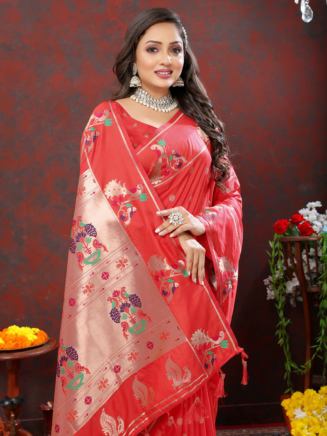 Lorenvalley Fashion Red Soft Paithani Silk Woven Design Copper Zari Meenakari Weaving Saree - Swadesiicart