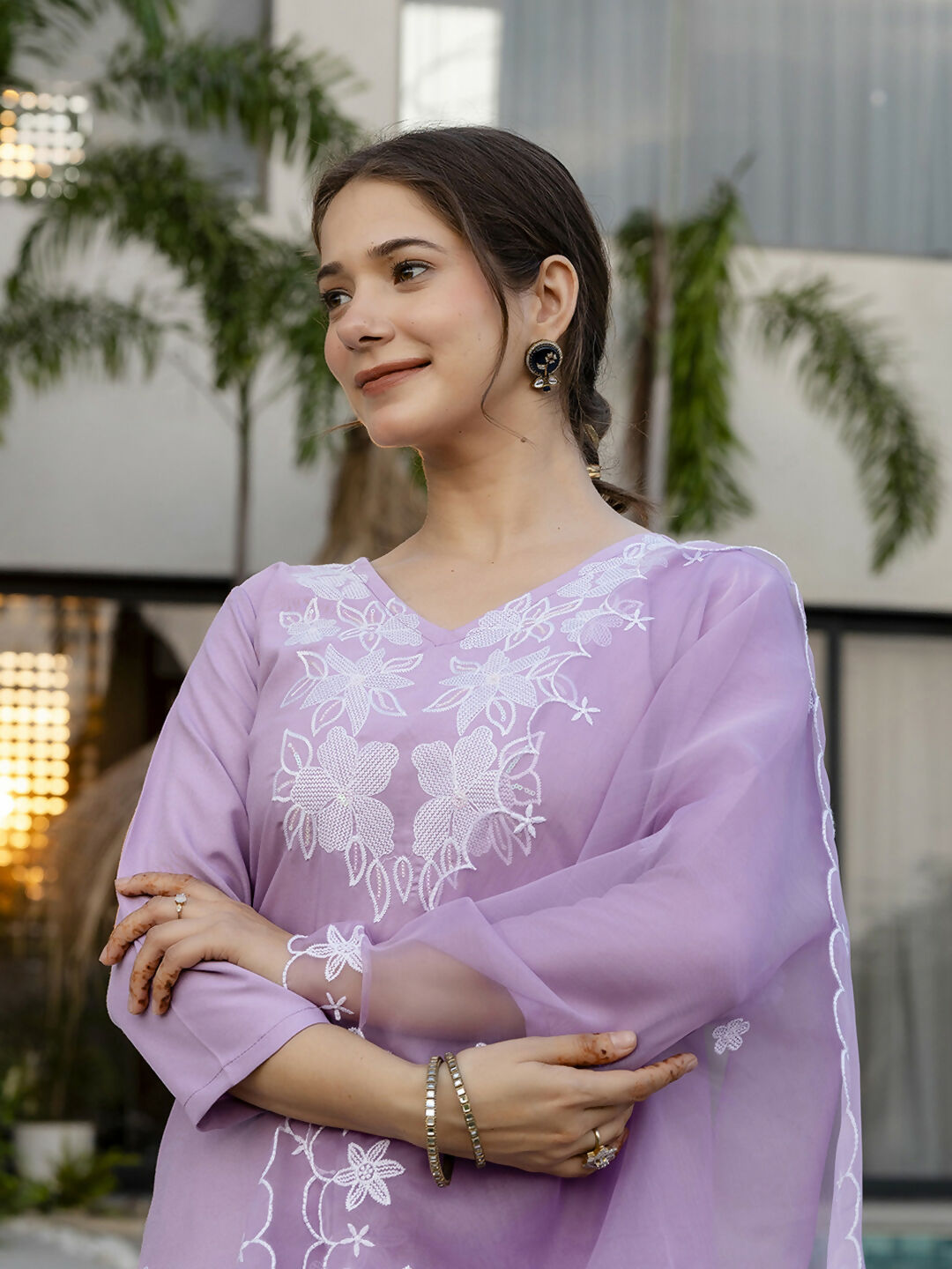 The52 Lavender Women's Beautiful Thread work Rayon Fabric with Straight Kurta, Pant and Dupatta Set - Swadesiicart
