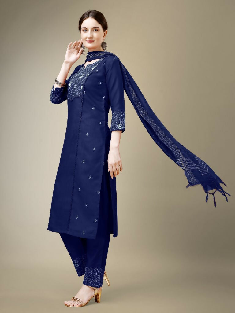 Jyoti Fashion Women's Navy Blue Cotton Blend Embroidery & Fancy Lace work Kurta with Trouser & Dupatta | Swadesiicart