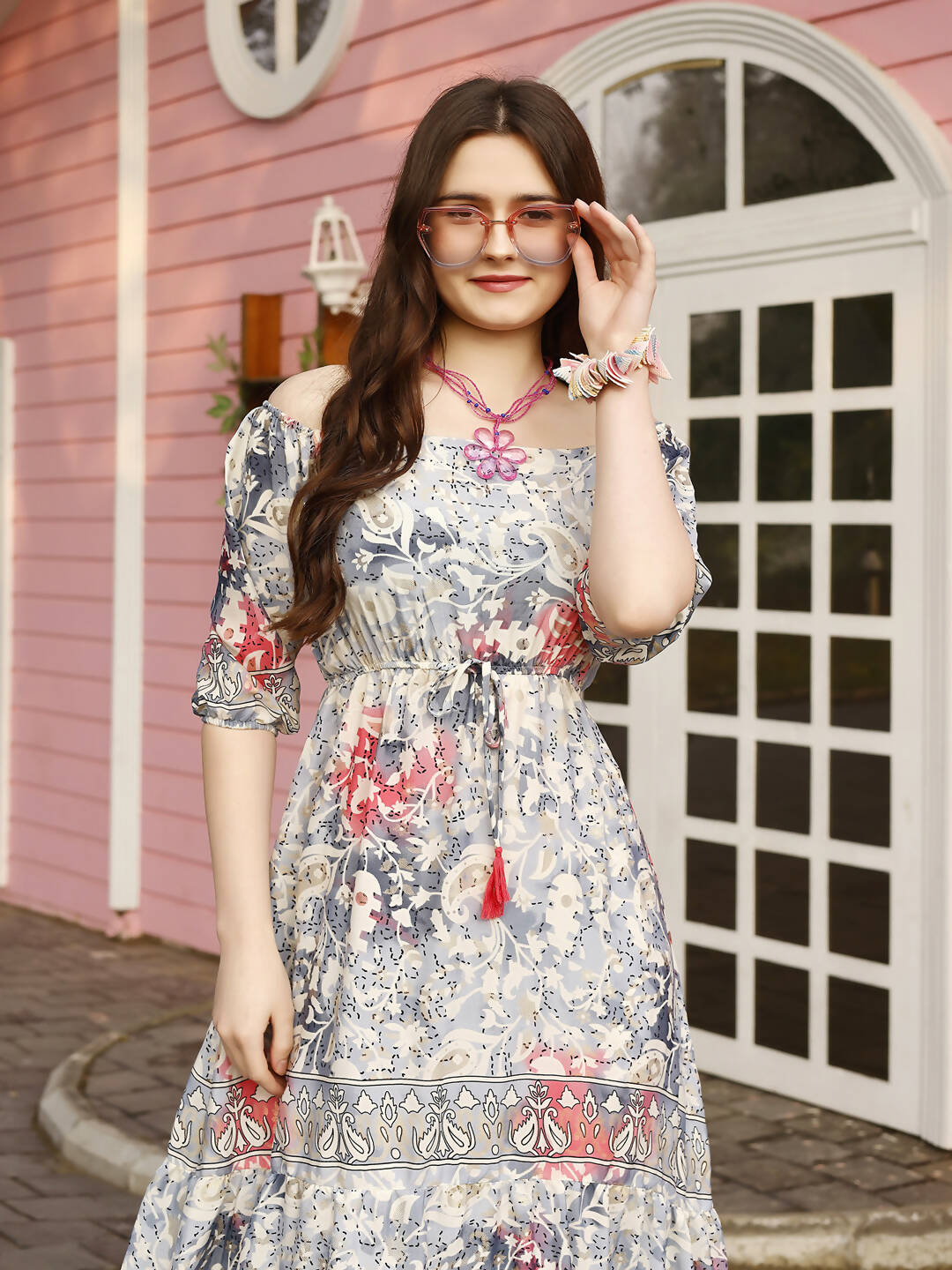 Grey Crepe Foil Printed Long Dress - Michan | Swadesiicart