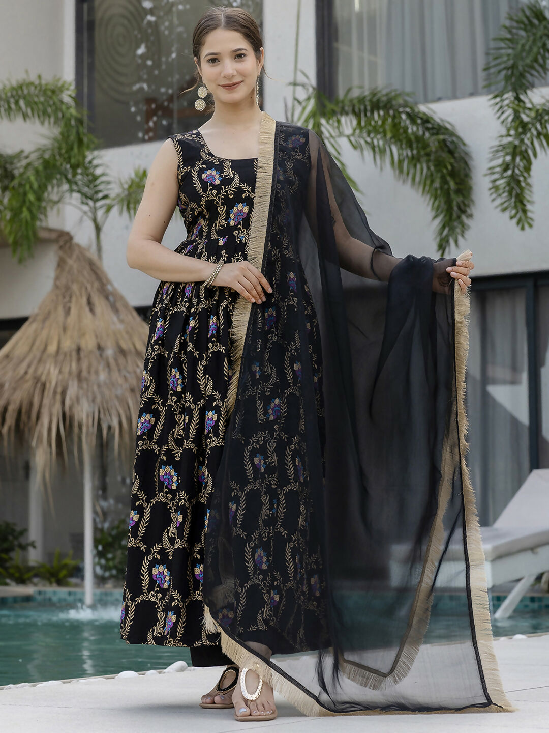 The52 Black Women's Gorgeous Printed Muslin Fabric Flared Kurta Pant and Dupatta Set - Swadesiicart