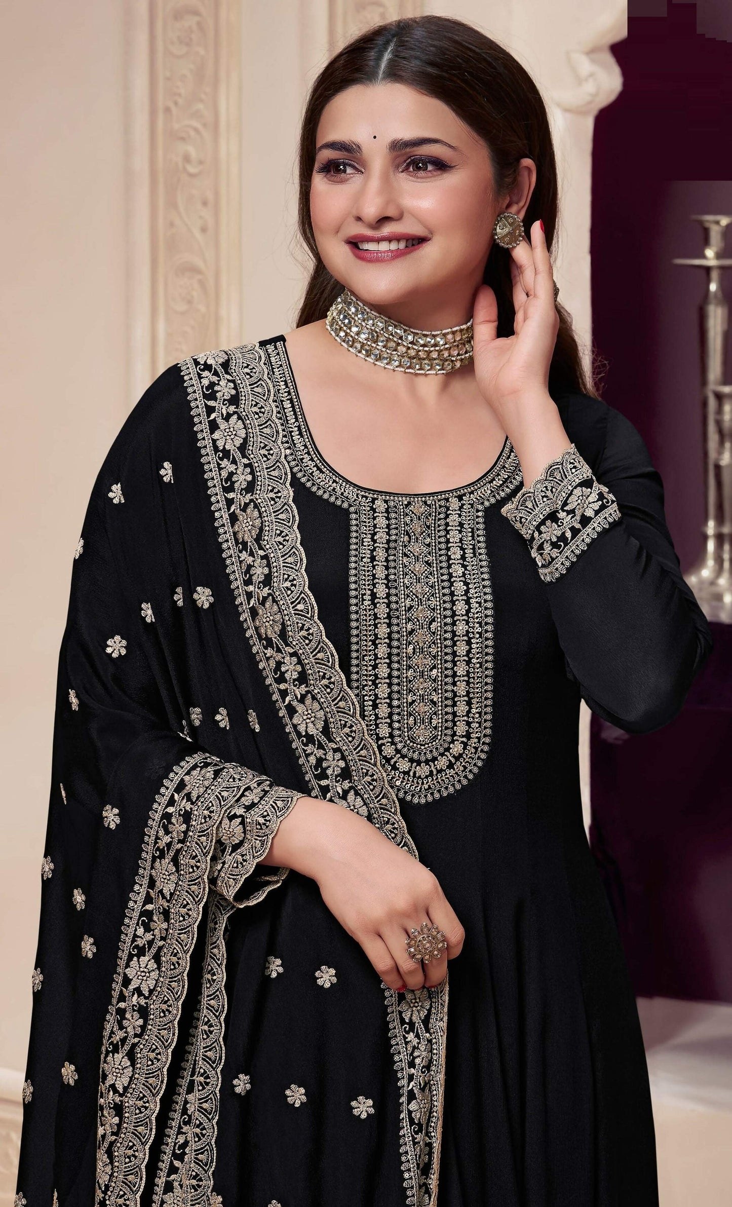 Anaita Black Embroidered Silk Stitched Anarkali Suit