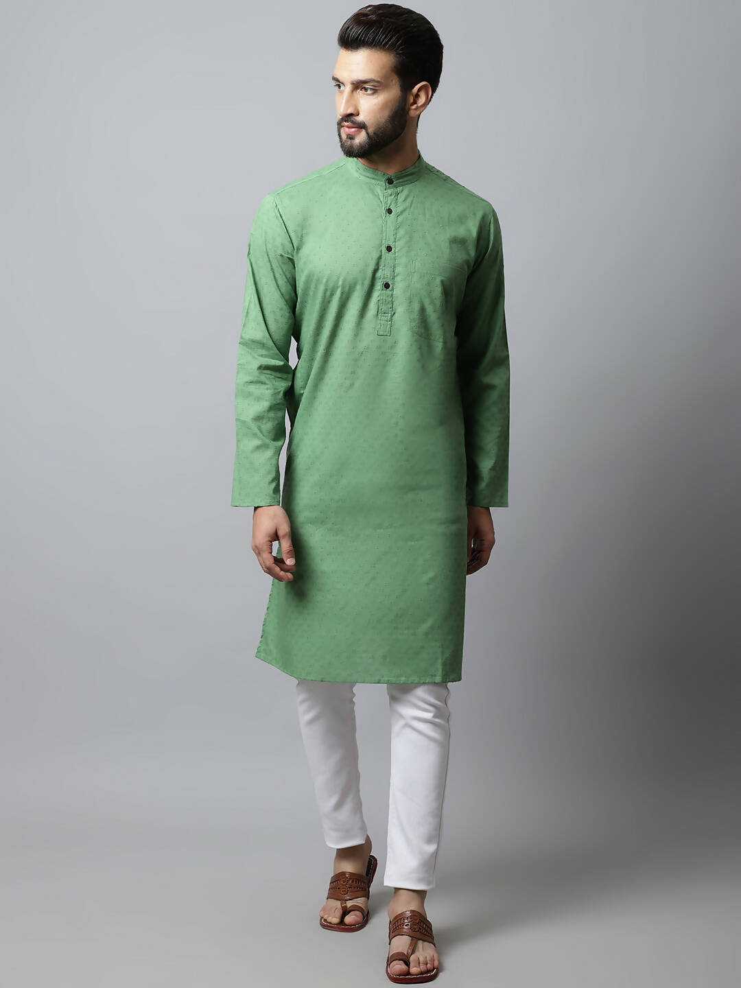 Even Apparels Green Color Pure Cotton Men's Kurta With Band Collar (SLD073) | Swadesiicart