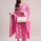 Aavyora Women's Pink Floral Print Cotton A-Line Kurta with Striped Trouser & Dupatta
