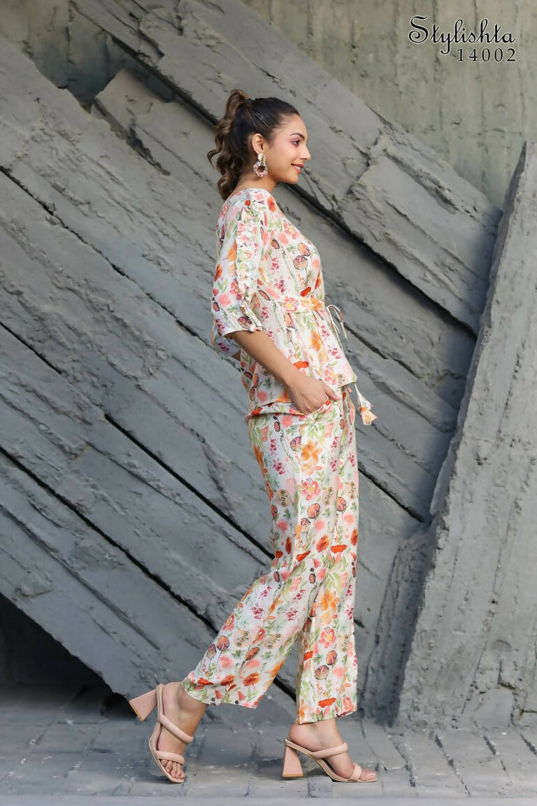 Women's Partywear Designer White & Multi Muslin co-ord set - Stylishta - Swadesiicart