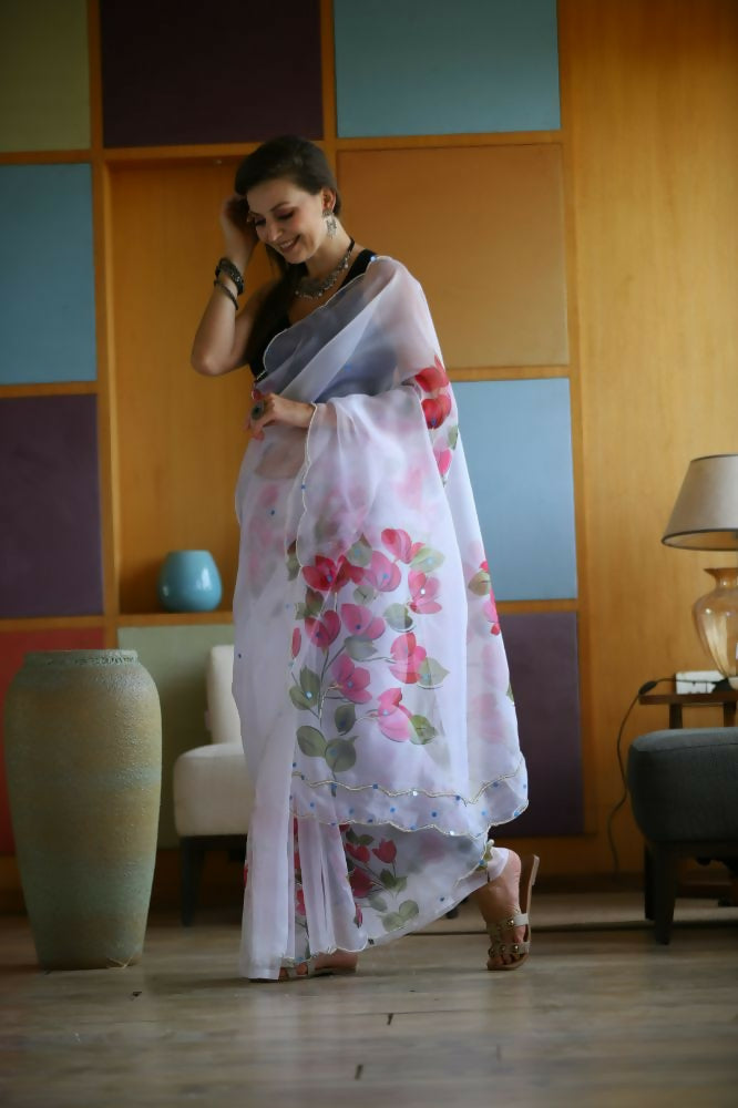 Vamsee Dhruti2 White Organza Saree - Swadesiicart