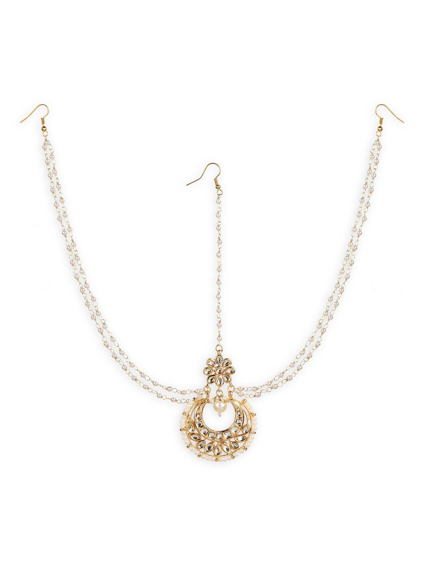 Gold-Polished White Kundan-Studded Faux Pearl Beaded Maathapatti - Ruby Raang | Swadesiicart